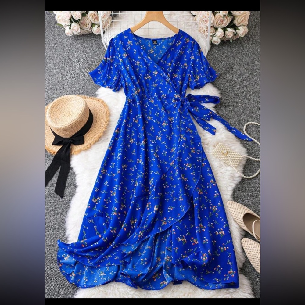 Blue Floral Wrap Midi Dress